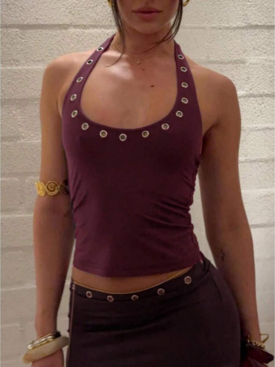 Women's O-Ring Studded Y2k Halter Neck Crop Tank Tops Slim Fit Scoop Neck Rivet Metal Eyelet Backless Sleeveless Vest Summer Y2K Streetwear Gothic Punk Clothes Rave Costumes Party Clubwear - 酒紅色 - 查看 1