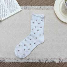 4 pares de calcetines de media caña con estampado floral retro para mujeres, con volantes en el dobladillo, aptos para uso diario - Multicolor - Ver 5