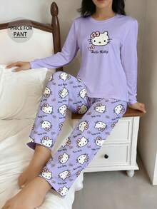 SANRIO 1pc Hello Kitty Printed One-Piece Pajama Pants, Cute Y2K Style Sleepwear For Women, Autumn/Winter - Mauve Purple - View 2