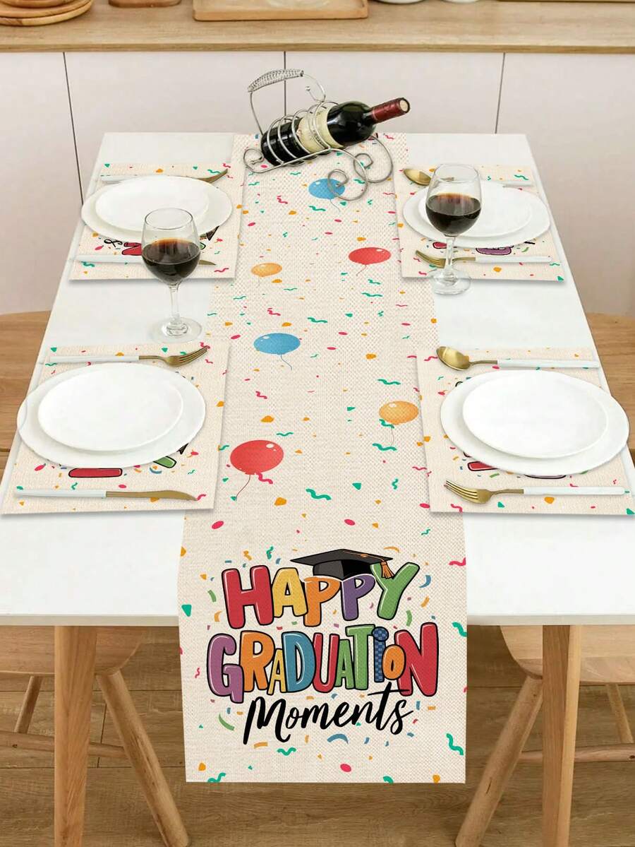 1pc Graduation Celebration Pattern Printed Table Runner, 4pcs Cartoon Graduation Themed Printed Placemats, Suitable For Holidays, Parties, Birthdays, Dinners, Kitchen & Dining Room Table Decor, Applicable For All Seasons Home Decor - Multicolor - View 1