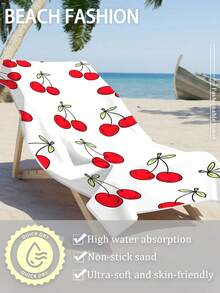 [250gsm Ultra-Soft Quick-Dry] 70*140cm/90*180cm Cherry Fruit Pattern Printed Microfiber Beach Towel, High Absorbency Portable Swim Towel, Bathroom Decor, Suitable For Summer Beach, Swimming, Travel, Camping, Fitness - Cherry - View 7