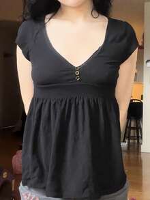 Lace Patchwork V-Neck Buttoned Waist-Cinching Ruched Short-Sleeve Summer A-Line T-Shirt Top - màu đen - Xem 2