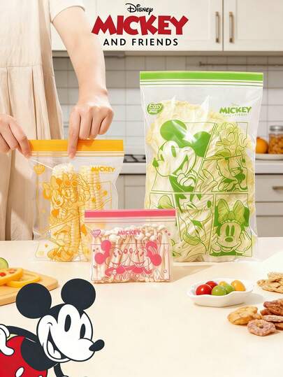  Bolsas de sellado de comida con diseños de dibujos animados de Disney con licencia oficial, de material de PE, bolsas de almacenamiento herméticas y a prueba de fugas, aptas para refrigerador, congelador, microondas, bolsas reutilizables para conservación de alimentos, disponibles en tamaños grande/mediano/pequeño