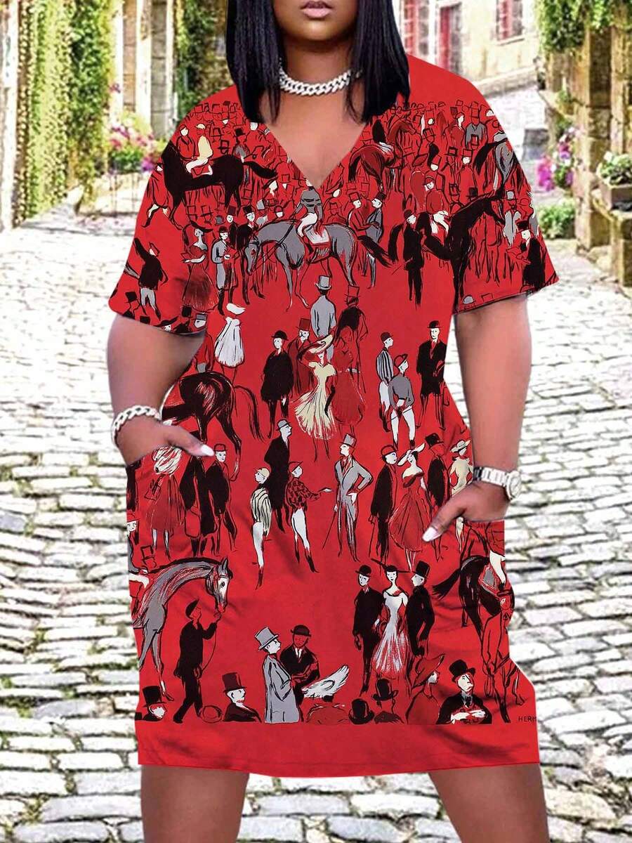Red Horse And People Print Women's Plus Size V Neck Dress With Pockets Comfortable Breathable Fashion Casual Outfit Womens Clothes 250g - Nhiều màu - Xem 1