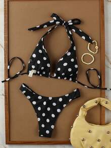 New Spring/Summer Women's Black & White Polka Dot Print Halter Tie Sexy Fashion Casual Elegant Beach Resort Date Bikini Swimwear Set Vacation - Black and White - View 3