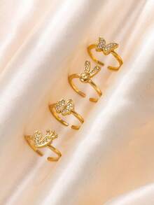 Bộ 3/4 chiếc nhẫn mạ vàng 14K dễ thương, thiết kế hình bướm/thỏ/cỏ ba lá/hành tinh/vương miện/trái tim, kiểu nhẫn mở có thể điều chỉnh kích thước, phù hợp để đeo hàng ngày và dự tiệc. - Vàng - Xem 5