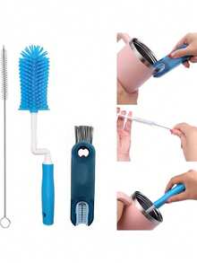 Set de 3 cepillos de limpieza para botellas de agua, adecuados para limpiar botellas deportivas, biberones, tazas y talla grande - Juego de 3 cepillos rotatorios azules - Ver 1