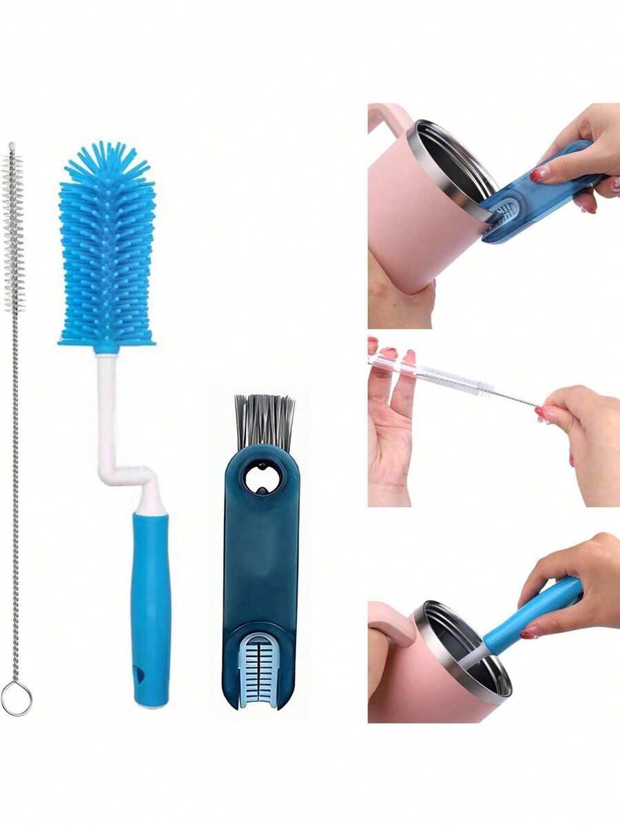 Set de 3 cepillos de limpieza para botellas de agua, adecuados para limpiar botellas deportivas, biberones, tazas y talla grande - Juego de 3 cepillos rotatorios azules - Ver 1