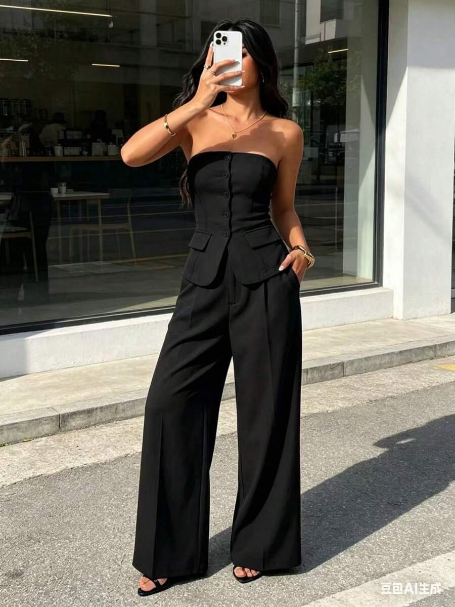 Strapless Bustier Set With Wide Leg Pants - Elegant Style For Women - màu đen - Xem 1