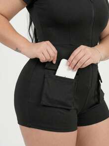 Women's Plus Size Fitness Jumpsuit For Gym, Sports, Winter, Cold Weather, Thermal Jumpsuit With Pockets, Cell Phone, Makeup, Cargo, Training, Running, Cycling, Butt-Lifting, Shapely With Zipper - màu đen - Xem 6