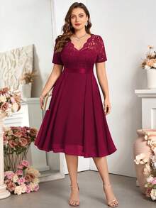 V-Neck Ruffle Lace Printed Chiffon A-Line Swing Dress, Summer Dress Suitable For Birthday, Graduation, Back To School And Other Occasions Red - Red - View 7