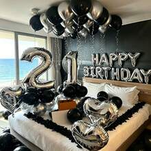 61件生日主题铝箔气球套装/1个银色数字气球，包含可定制的0-9银色数字气球、银色“生日快乐”字母气球、银色心形气球、黑银色乳胶气球，采用优质加厚铝箔和高级乳胶材料，经典黑银色配色，3D立体造型，光泽金属质感，精致细腻，适用于情人节、周年纪念日、生日惊喜、求婚装饰等场合。 - 查看 1