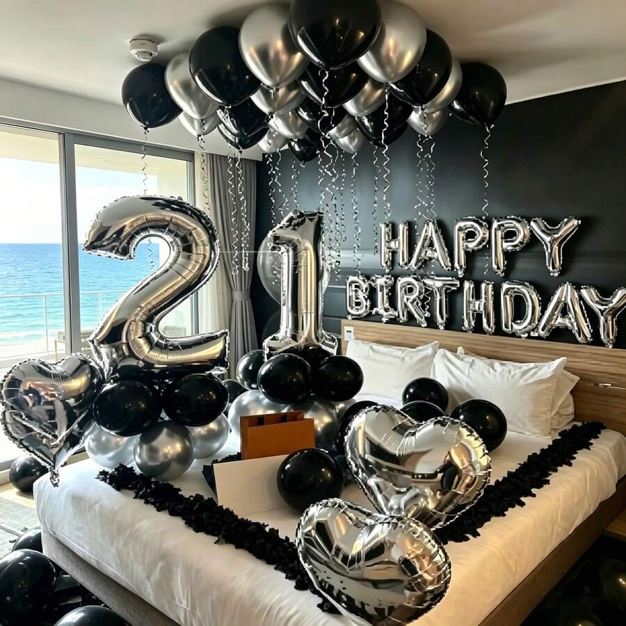 61件生日主题铝箔气球套装/1个银色数字气球,包含可定制的0-9银色数字气球、银色“生日快乐”字母气球、银色心形气球、黑银色乳胶气球,采用优质加厚铝箔和高级乳胶材料,经典黑银色配色,3D立体造型,光泽金属质感,精致细腻,适用于情人节、周年纪念日、生日惊喜、求婚装饰等场合。 - 查看 1