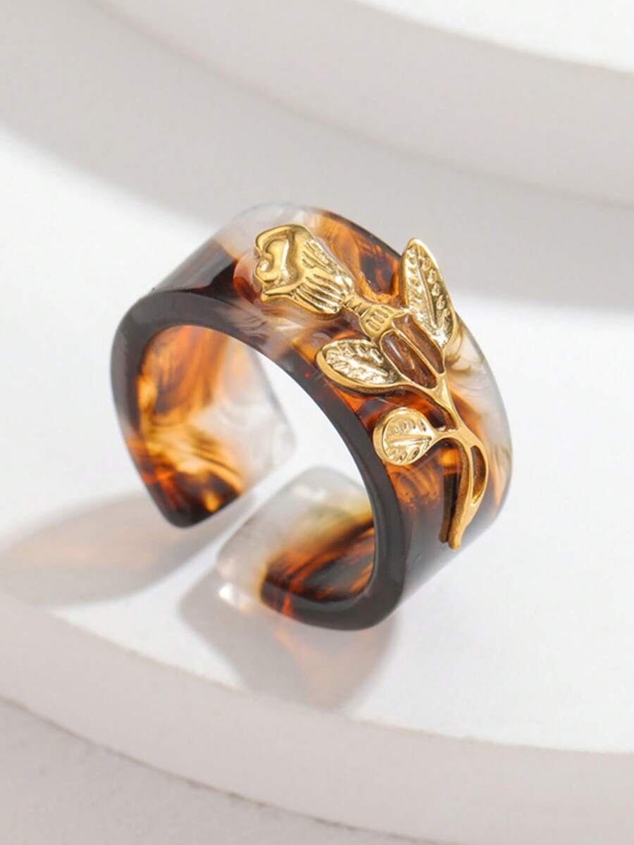 1pc Fashion Elegant Minimalist Rose Ring, Metal & Resin Multicolor Open Ring, Suitable For Women's Daily, Party, Holiday Wear, Daily Gift, Jewelry Gift - Multicolor - View 1