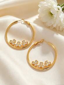 2 piezas Pendientes de aro únicos y lujosos chapados en oro de acero inoxidable para mujeres, con accesorios de joyería diaria con forma de corazón de cristal brillante y trébol de piedras rhinestone - Dorado - Ver 3