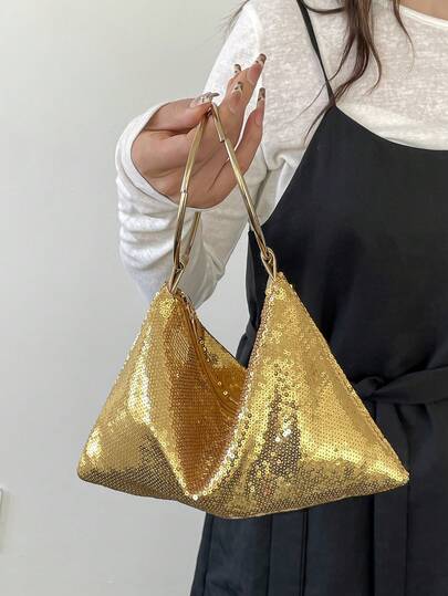 1个时尚闪亮PVC新月形手提包，闪耀迷人，优雅亮片装饰金属配件女士手拿包，精美手提包，个性化圆形手柄，拉链封口，适合派对、婚礼、舞会、晚宴/宴会、情人节等场合，是送给女性的最佳礼物。