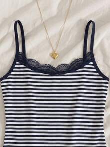 Women's Striped Knit Camisole, Contrast Lace Spaghetti Strap, Semi-Sheer Medium Stretch Summer Tank Top - Navy Blue - View 2