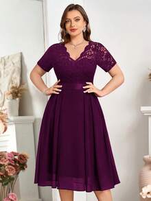 Plus Floral Lace V-Neck Ruffle Trim Chiffon A-Line Hem Semi Formal Party Swing Dress, Summer Dress, For Birthday, Graduation, Homecoming Elegant - Maroon - View 7