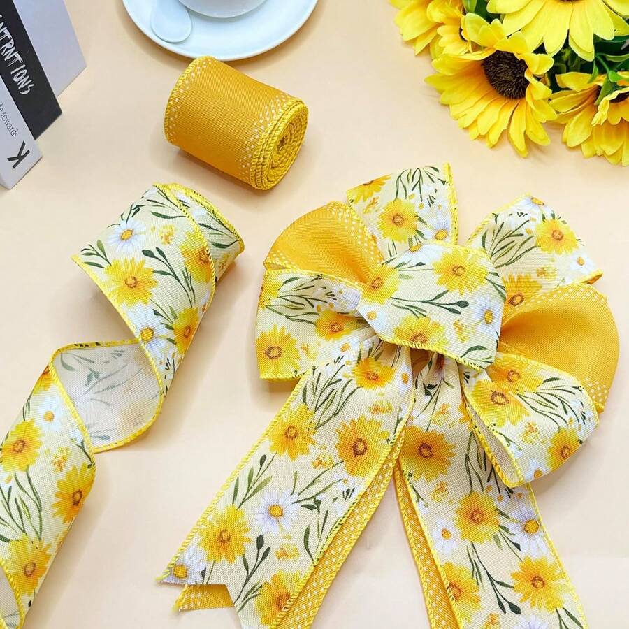 2 Rolls, 10 Yard Daisy Dots Wired Edge Ribbon Yellow White, Floral Craft Ribbon For Bow Making, DIY Wreaths, Gift Wrapping, Spring Summer Wedding & Party Decor Supplies - Yellow - View 1