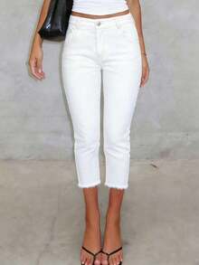 Light Wash Distressed 3/4 Skinny Jeans For Women, Stretchy Pencil Pants For Casual, Commute Summer - 白色 - 查看 3