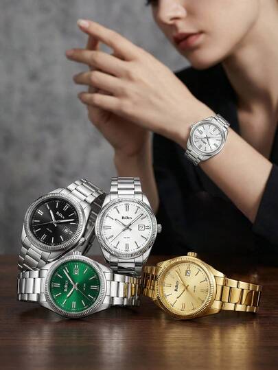 BIDEN 1 件装女士经典银色不锈钢表带防水石英模拟时尚手表