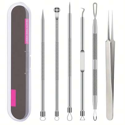 6-Piece Ultra-Precision Acne Tweezers Tool Set - Facial Blackhead Removal Tool - Effectively Cares For And Purifies Facial Skin