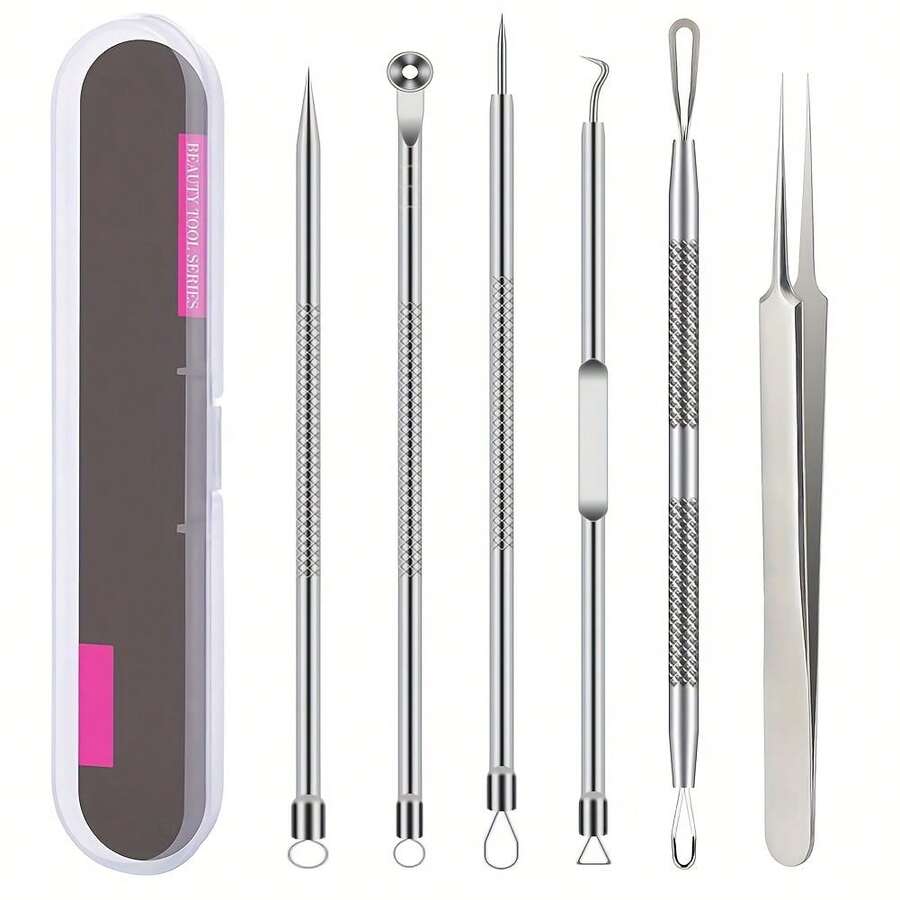 6-Piece Ultra-Precision Acne Tweezers Tool Set - Facial Blackhead Removal Tool - Effectively Cares For And Purifies Facial Skin - Silver - View 1