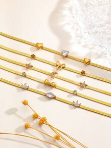 1件简约时尚夸张奢华不锈钢多元素花朵、星星、月亮、蝴蝶、心形镶嵌立方氧化锆蛇骨链手链，适合女士日常休闲佩戴，精致优雅百搭 - 彩色 - 查看 2