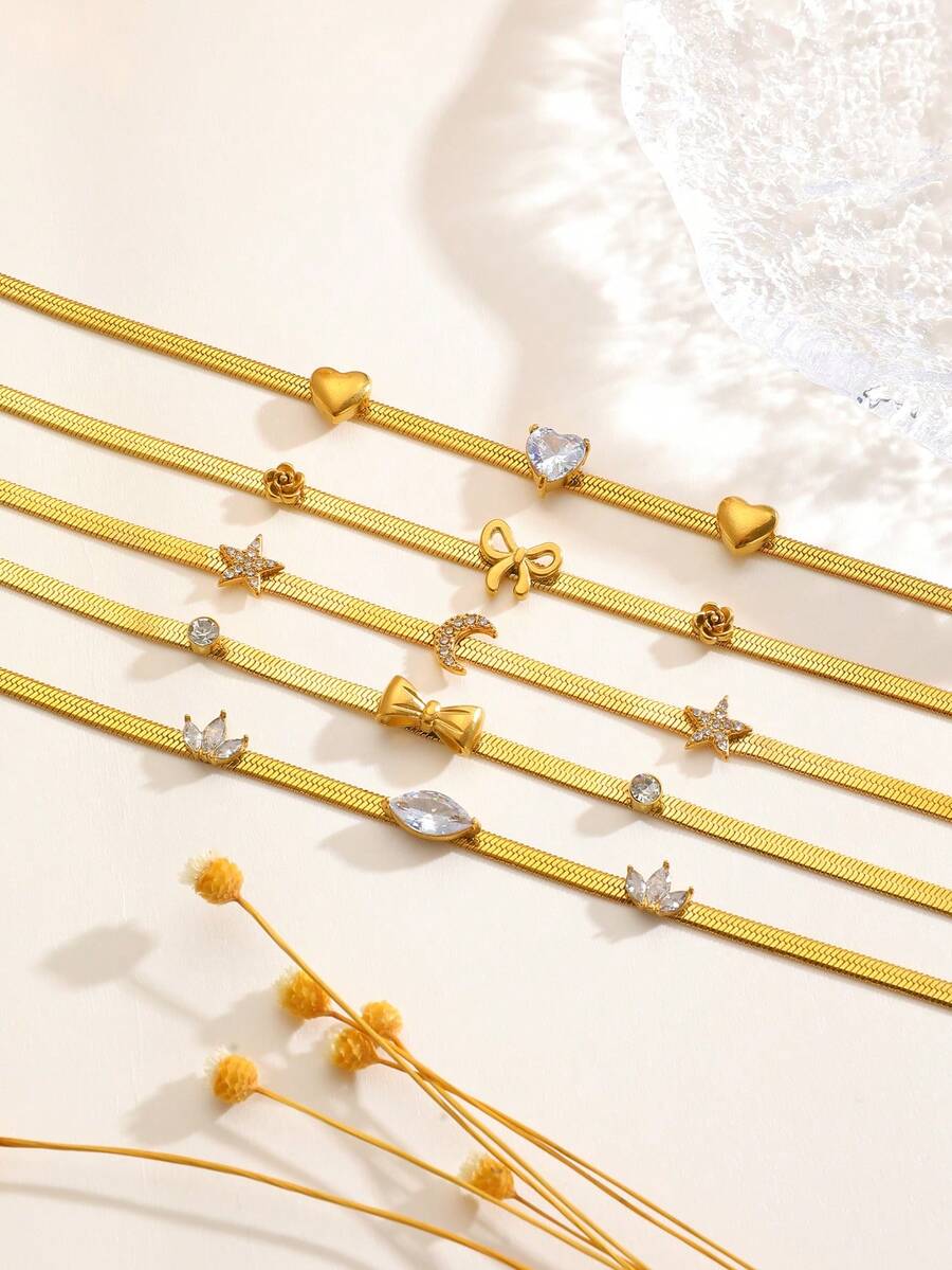 1件简约时尚夸张奢华不锈钢多元素花朵、星星、月亮、蝴蝶、心形镶嵌立方氧化锆蛇骨链手链，适合女士日常休闲佩戴，精致优雅百搭