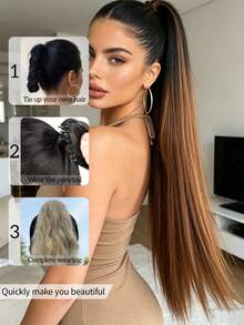 WIGGAGA 32英寸长直发耐热纤维夹式马尾辫，灵感源自夏日度假风，棕色 - 漸層棕色 - 查看 5