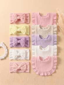 10pcs/Set Candy Color Baby Headbands & Bibs Combo, Braided Texture Big Bow Headwraps, Ruched Macaroon Color Drool Bibs, Suitable For Daily Use All Seasons - Multicolor - View 12