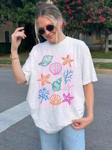 ® Shell Shirt, Beach Shirt, Summer Graphic Tee, Ocean Lover, Marine Tee, Summer Vacation Tee, Women's Beach Shirt, Loose Fit Retro Tee - White - View 6