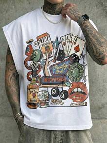 Áo tank top nam in hình chai rượu whisky và bài poker phong cách retro Las Vegas, kiểu dáng thường ngày mùa hè, phong cách đường phố, họa tiết vintage, dây đeo rộng, màu đen. - trắng - Xem 1