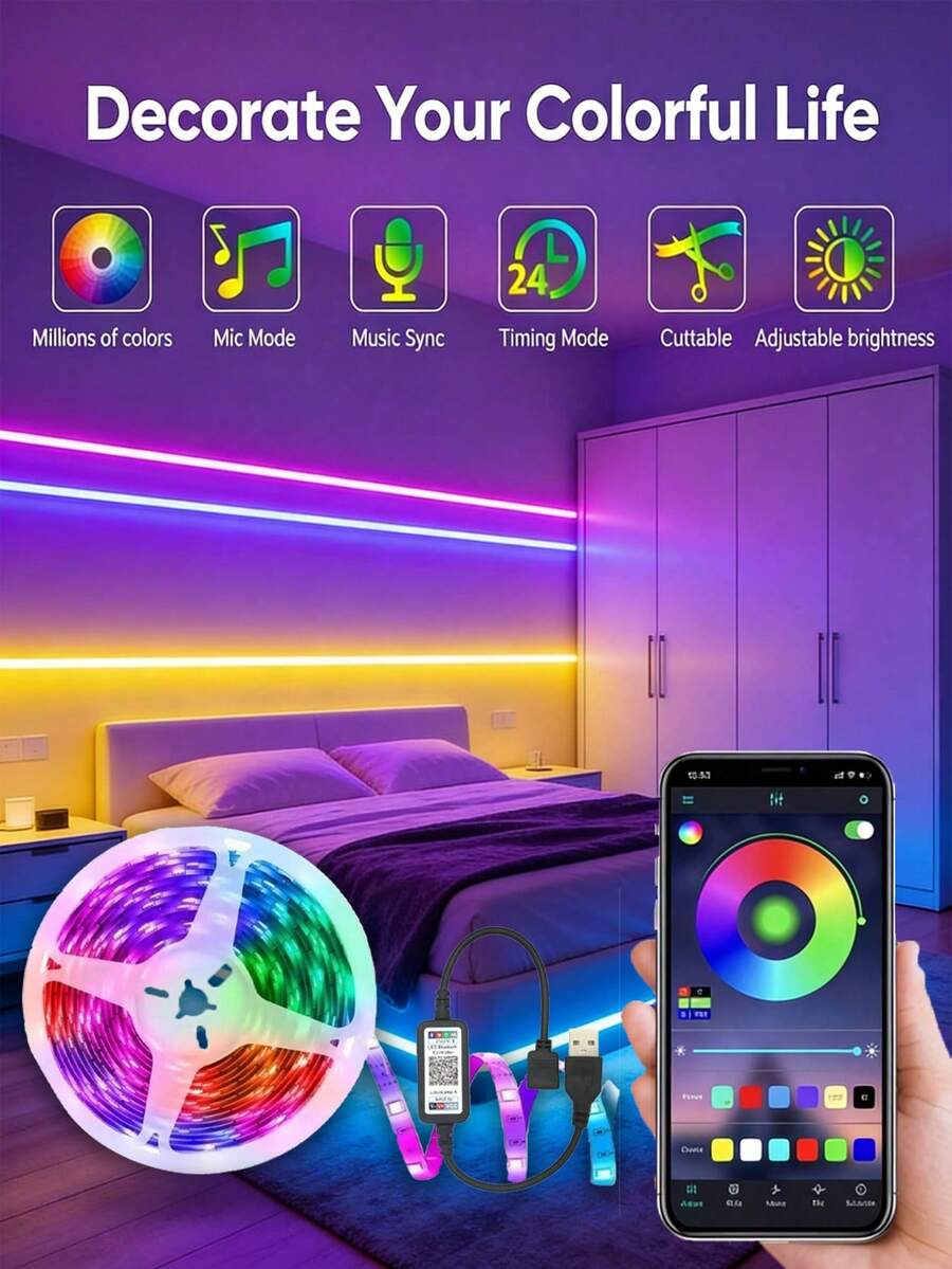 一套 1-100 英尺 RGB LED 灯带,5V USB 供电,适用于智能家居,可通过 APP 控制,自粘式 LED 灯带,适用于卧室、游戏室、天花板、派对、节日礼物、圣诞节和婚礼装饰、家居装饰派对节日照明、客厅卧室电视背景氛围灯(带记忆模式) - 彩色光 - 查看 1