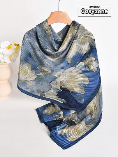 1 pieza Elegante pañuelo de seda con estampado floral arrugado, versátil chal/cuello para aire acondicionado, adecuado para combinar y decorar a diario, primavera/verano