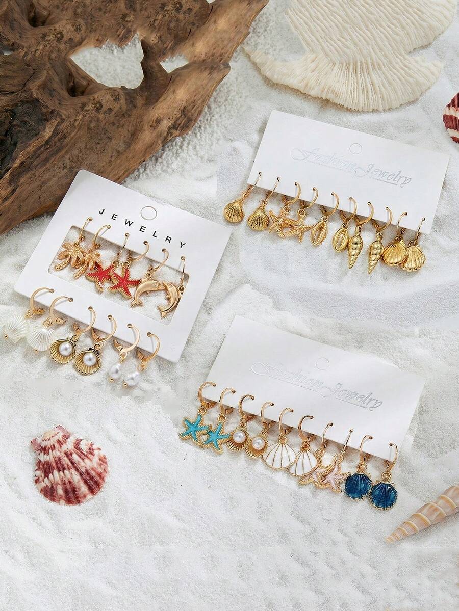 5/6/16pcs/Set Summer Ocean Style Starfish, Shell, Conch And Other Marine Life Combination Earrings Set, Fashionable Niche Beach Resort Jewelry Earrings Suitable For Daily Wear And Vacation - Multicolor - View 1