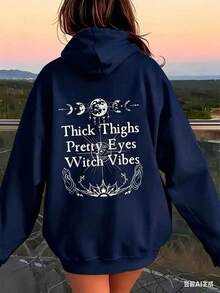 Women's Witchcraft Moon Phase And "Thick Legs Beautiful Eyes Witch Style" Pattern Hoodie - Gothic Font, Crescent Moon Print, Casual Pullover, Suitable - 藏蓝色 - 查看 1