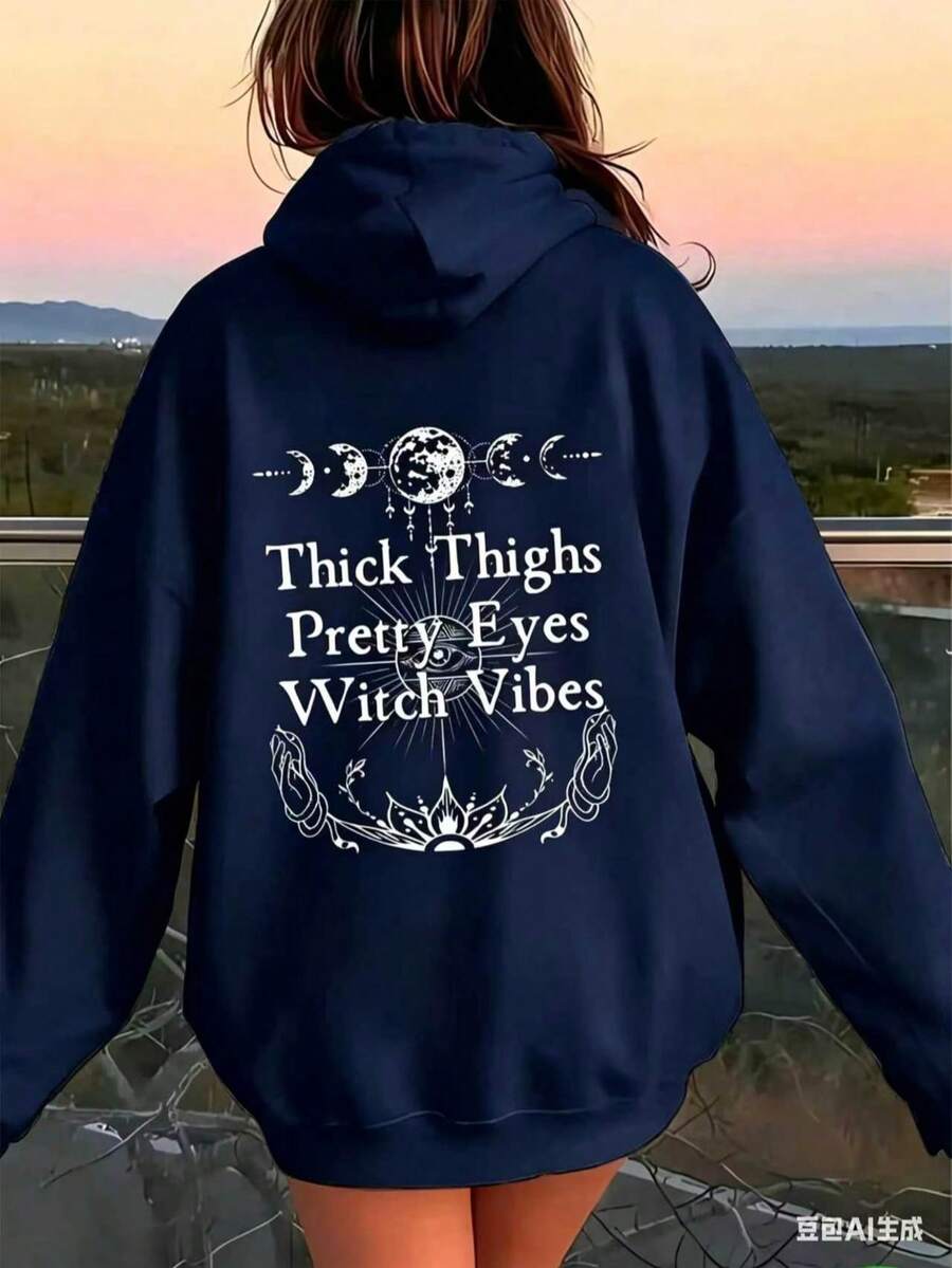 Women's Witchcraft Moon Phase And "Thick Legs Beautiful Eyes Witch Style" Pattern Hoodie - Gothic Font, Crescent Moon Print, Casual Pullover, Suitable - 藏蓝色 - 查看 1