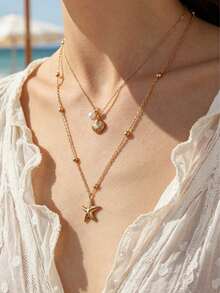 Bộ 2 dây chuyền hai lớp hình sao biển và vỏ sò dành cho nữ, mặt dây chuyền ngọc trai mạ vàng 18K, dây chuyền đôi, trang sức phong cách Bohemian cho kỳ nghỉ hè. - Vàng - Xem 7