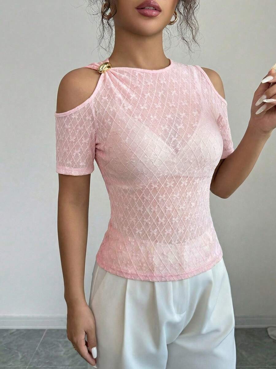 Top roz pentru femei, tricotat, cu imprimeu cu funde, cu umeri goi, mânecă scurtă, ținută de vară, top semitransparent casual cu cataramă metalică pe umăr, ținută de vacanță pentru femei, Ziua Mamei, bluză elegantă, ținută de vacanță pentru femei - Roz - Vizualizare 1