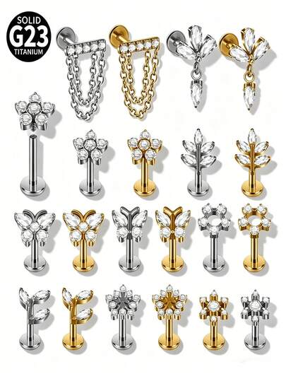 1件 G23 钛金属 CZ 花朵/蝴蝶唇钉 内螺纹 CZ 链耳骨耳廓耳骨耳软骨耳钉 身体穿刺饰品