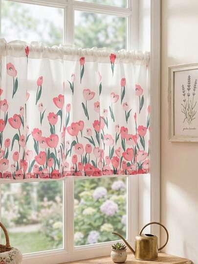 1pc Polyester Fiber Floral Print Decorative Curtain, Suitable For Kitchen Cabinet, Bay Window, Doorway Partition, Home Decor