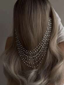 1 Stück elegante glänzende Perlen-Quaste Haarschmuck, modisches Schmuckzubehör für Frauen, geeignet für Braut, Hochzeit, Abendkleid - Silber - Übersicht 1