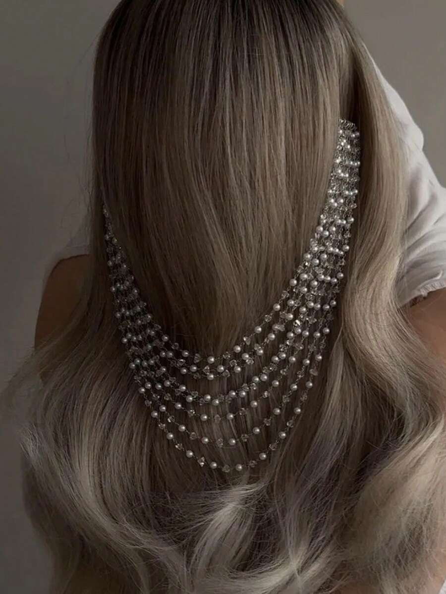 1 Stück elegante glänzende Perlen-Quaste Haarschmuck, modisches Schmuckzubehör für Frauen, geeignet für Braut, Hochzeit, Abendkleid - Silber - Übersicht 1