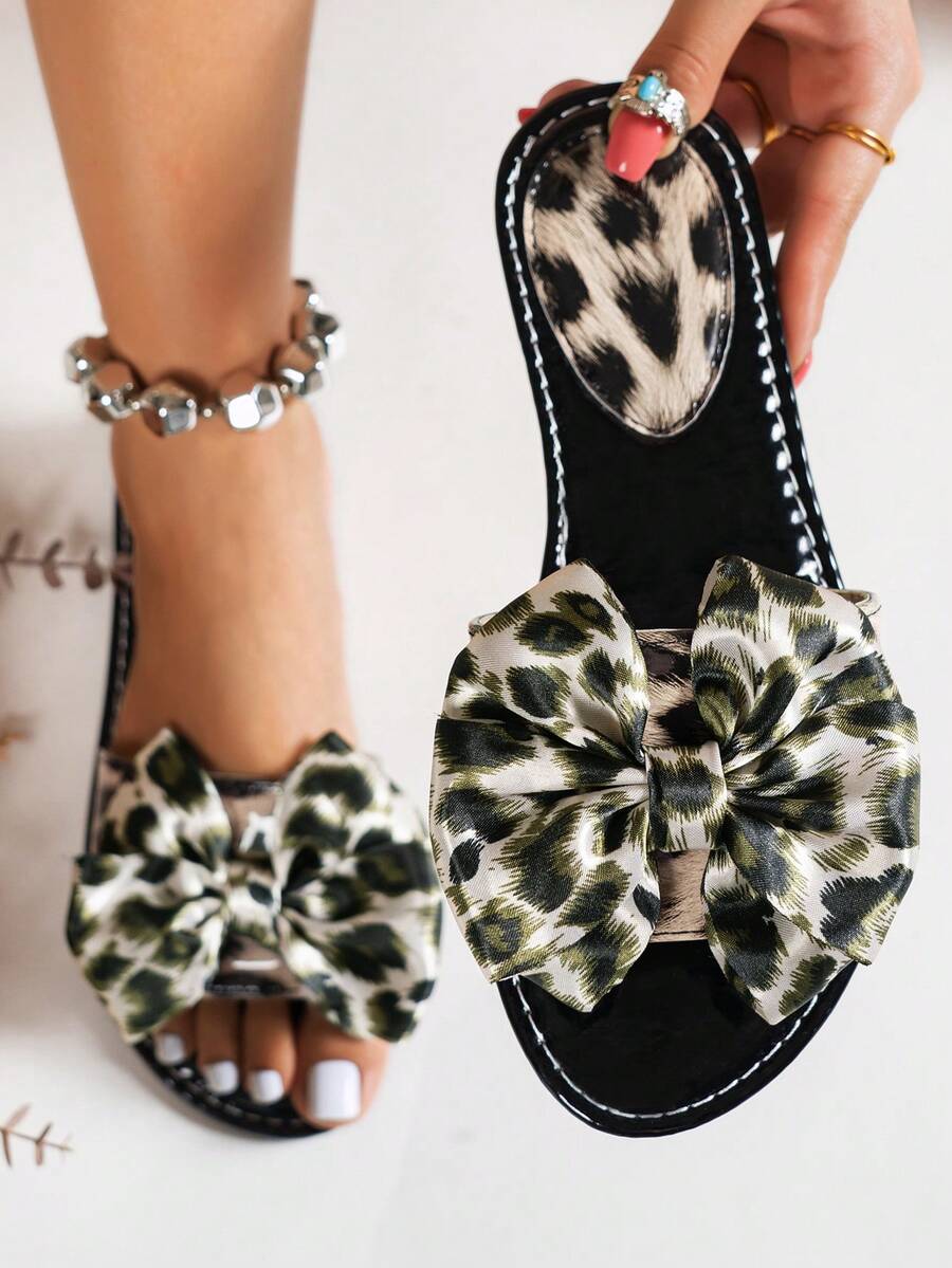 Women's Fashion Slide Sandals, Elegant Leopard Print Oversized Bow Flat Slippers, High-End Comfortable, Suitable For Home, Outdoor, Vacation, Beach And Various Occasions