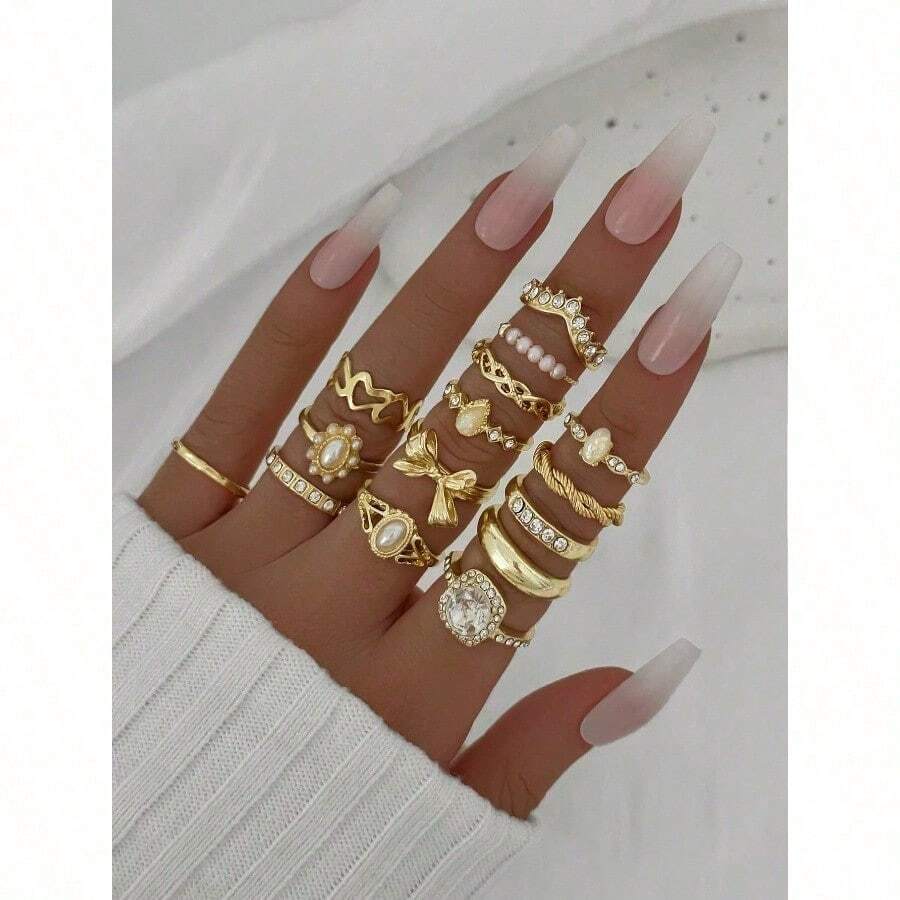15pcs/Set European And American INS Style Imitation Gem Rings, Faux Pearl Flower Geometric Crystal Bowknot Ring Set - 金色 - 查看 1