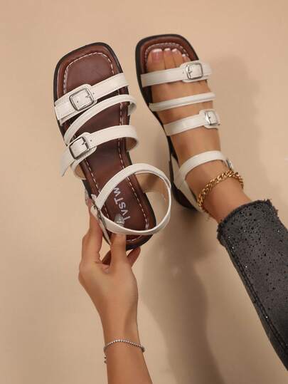Women's New Retro Square Toe Roman Sandals, Multi-Strap Adjustable, Versatile For Commuting, Vacation And Casual Wear