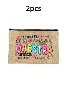 多色 Maestra 字母與鉛筆蘋果圖案化妝包，可愛大容量收納包，日常盥洗化妝包，多功能收納包，輕便旅行托特包，精美禮物，送給朋友的旅行紀念品，必備旅行收納包，適用於工作、學校、旅行、野餐、露營、戶外探險及其他場合，情人節禮物，教師節禮物，返校季節 - 彩色 - 查看 23
