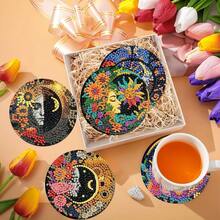 8件套日月DIY钻石画杯垫套装，圆形闪亮钻石表面，强力背胶，工具齐全，适合初学者，减压手工，新年、情人节、圣诞节、教师节礼物，家居装饰杯垫，送给家人、朋友、女朋友、老师 - 彩色 - 查看 5