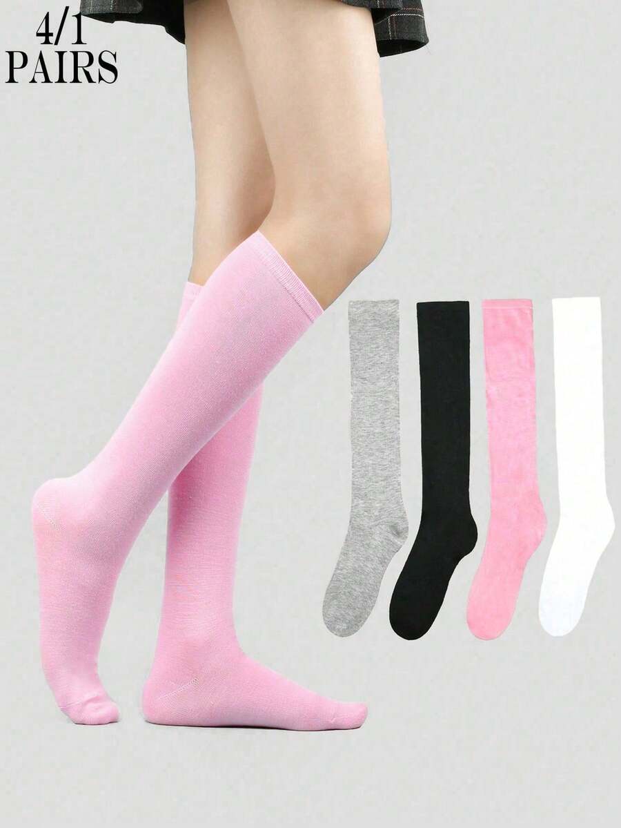 4双/1双 女士休闲时尚百搭优雅校服风格过膝袜 - 彩色 - 查看 1
